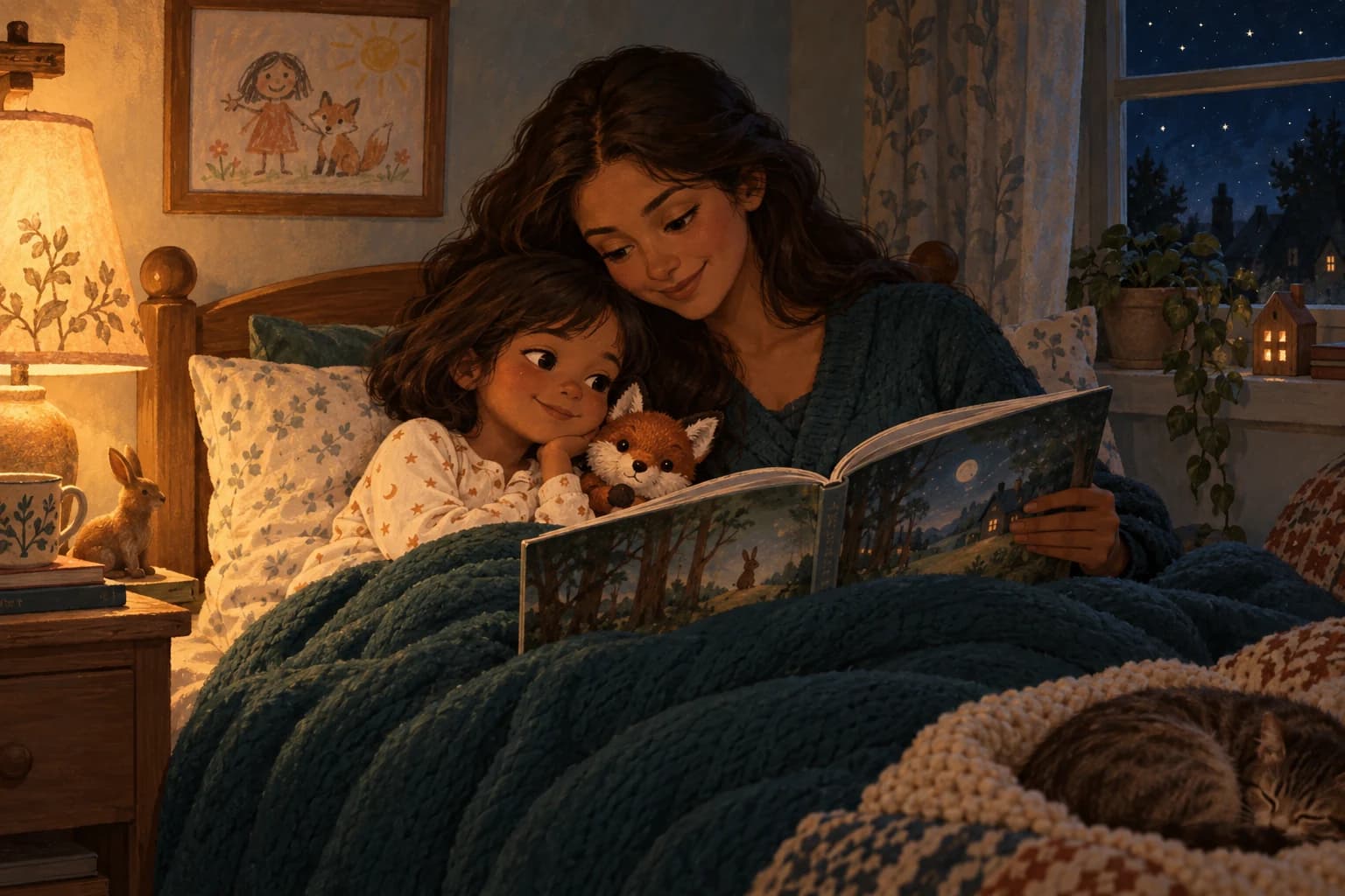 A parent and child read together in a softly lit bedroom.